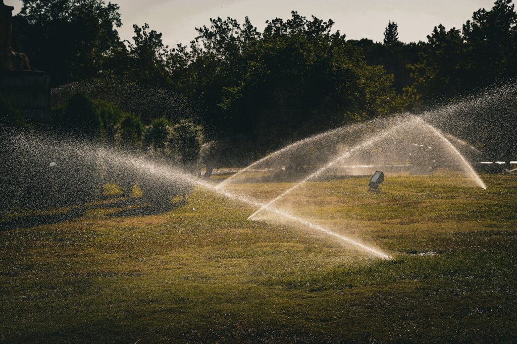 Sprinklers watering a green park in İstanbul, creating a refreshing summer atmosphere.
